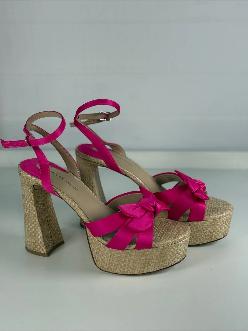 ANTONIO MELANI Pink Satin Bow Platform Wedge Sandals